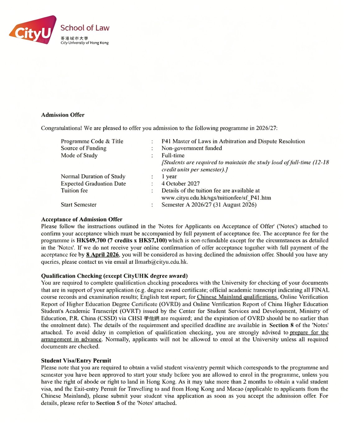 香港城市大学 仲裁与争议解决法学硕士 Offer