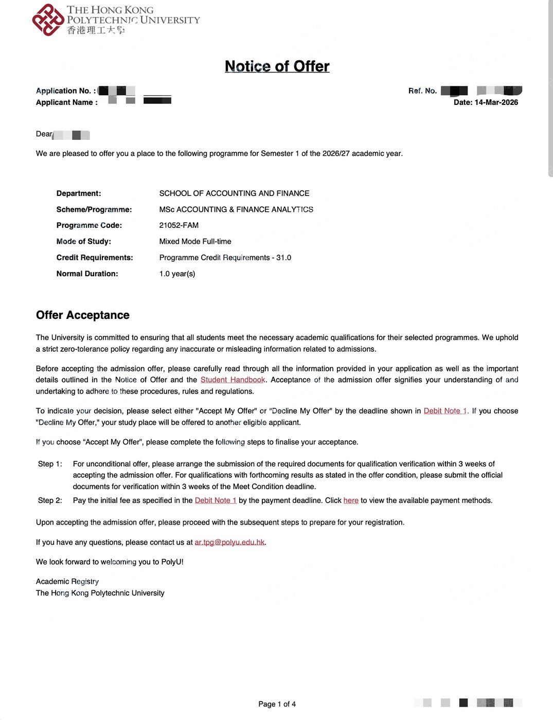 香港理工大学 会计及金融分析理学硕士 Offer