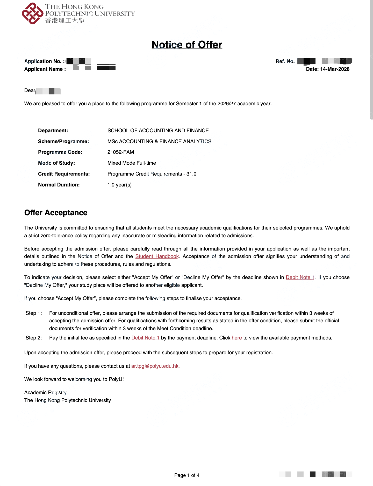 香港理工大学 会计及金融分析理学硕士 Offer