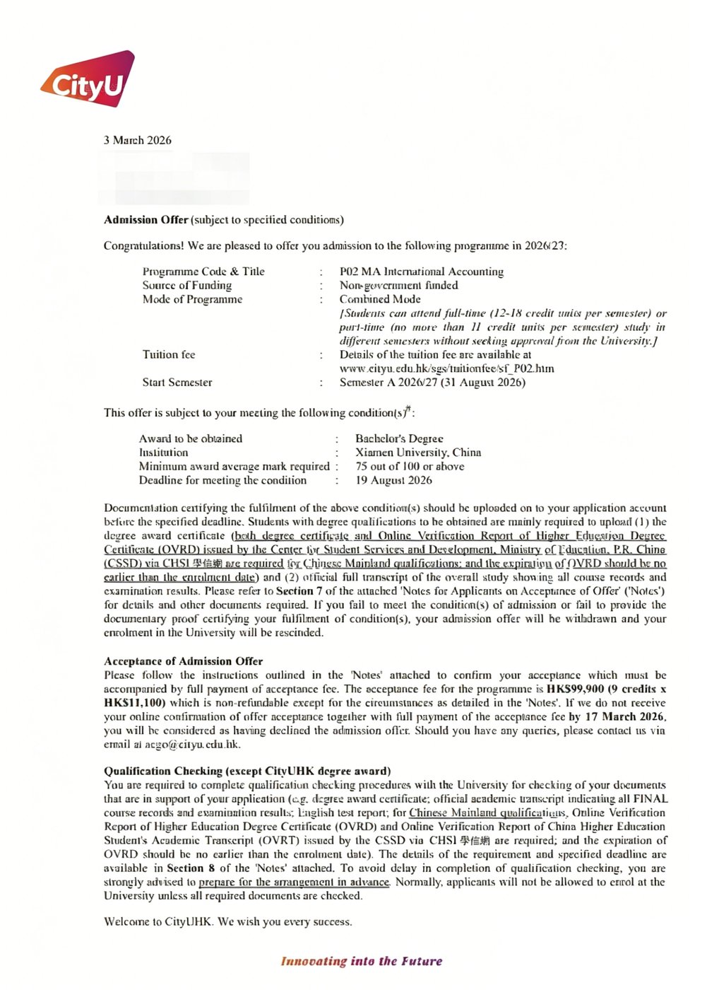 香港城市大学 国际会计学文学硕士 Offer