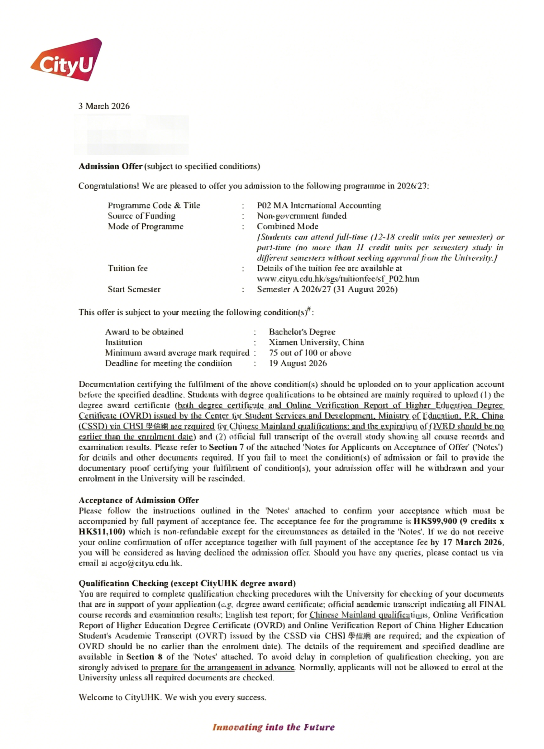 香港城市大学 国际会计学文学硕士 Offer