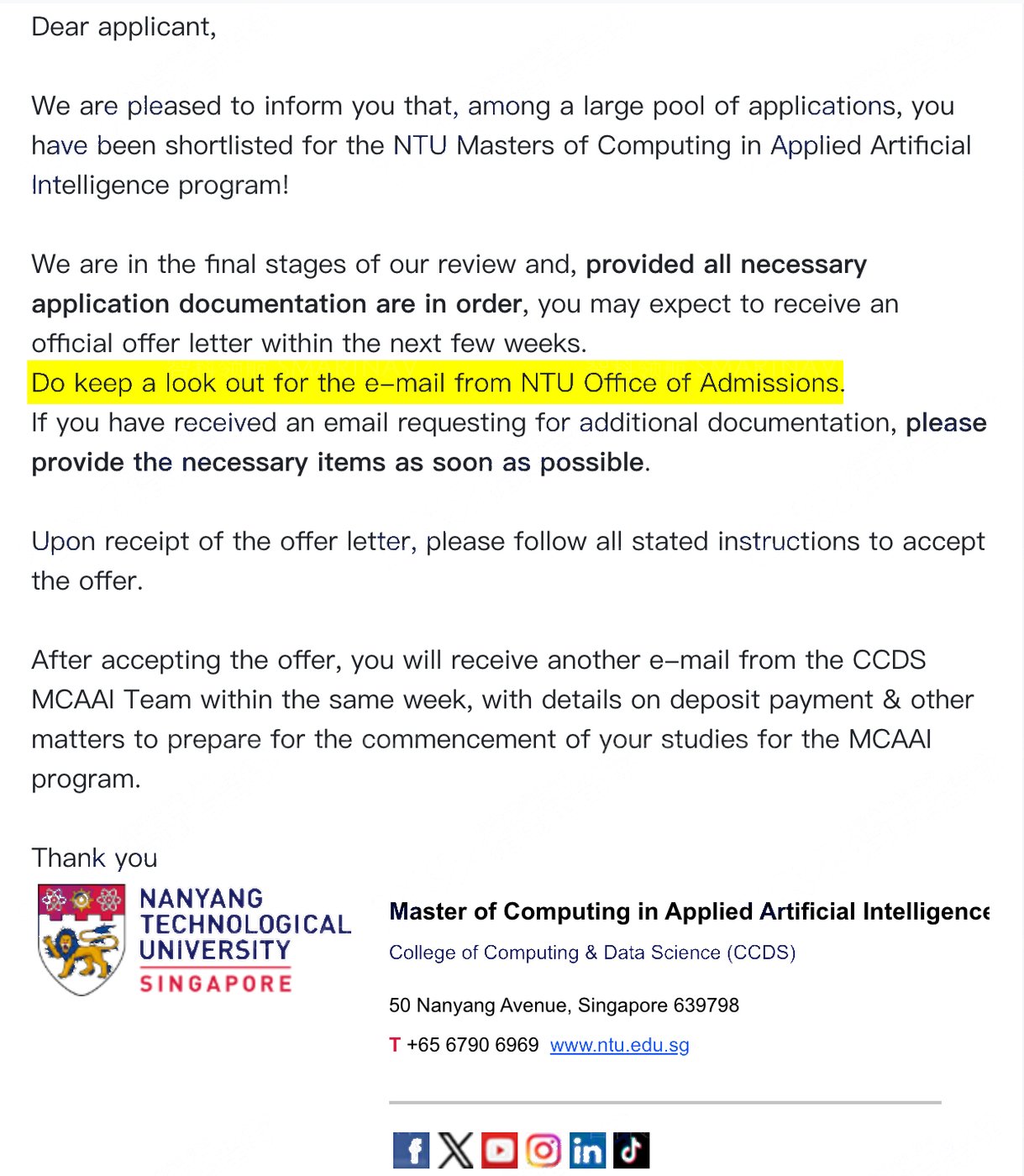 南洋理工大学 应用人工智能计算硕士 Offer