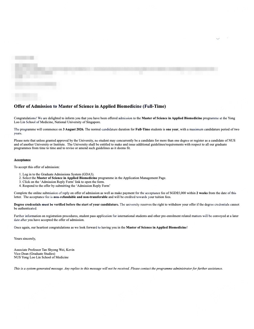 新加坡国立大学 应用生物医学理学硕士 Offer