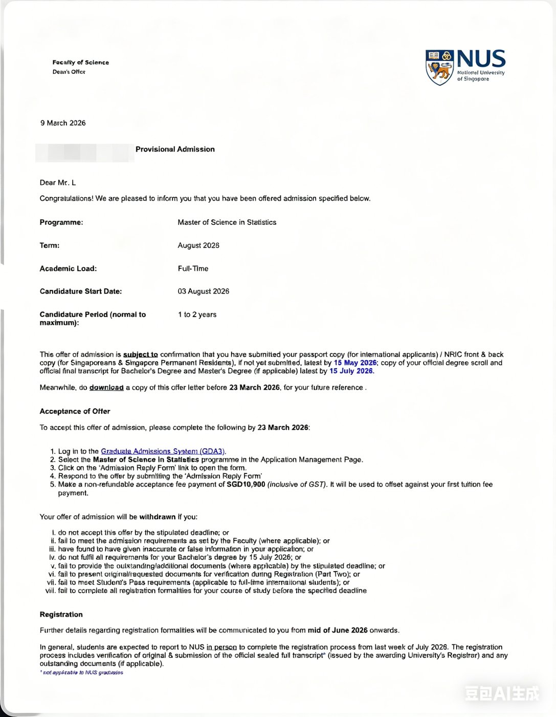 新加坡国立大学 统计学理学硕士 Offer