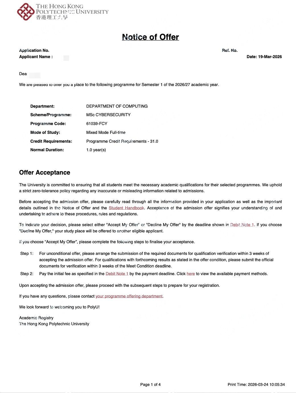 香港理工大学 网络空间安全理学硕士 Offer