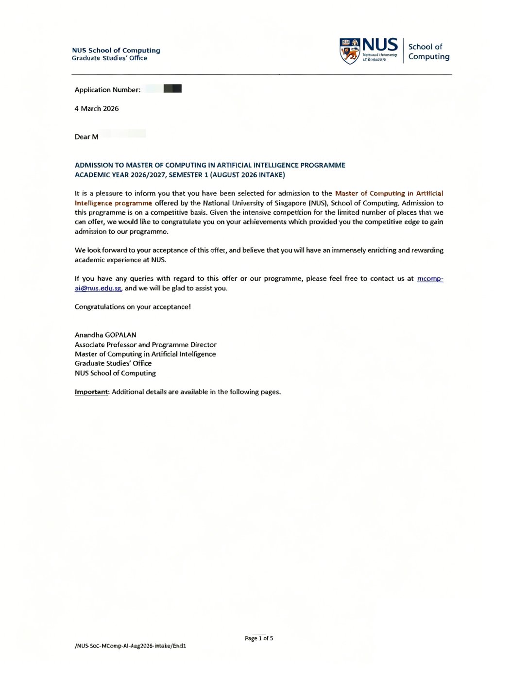 新加坡国立大学 计算硕士（人工智能） Offer